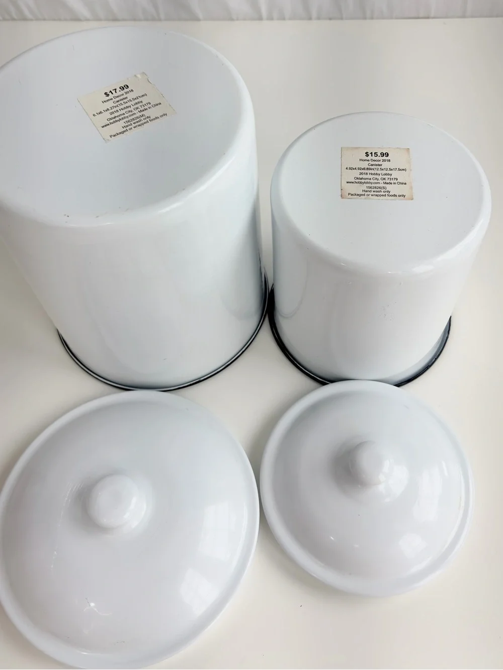 2 Piece Canister Set Vintage Inspired White & Enamel Black Rim Round Tin Storage